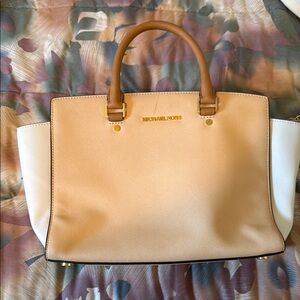 Michael Kors Tan and White Satchel Structured Design with Gold hardware
